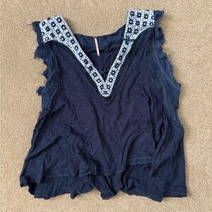 Free People- Navy Blue Embroidered Women's Top